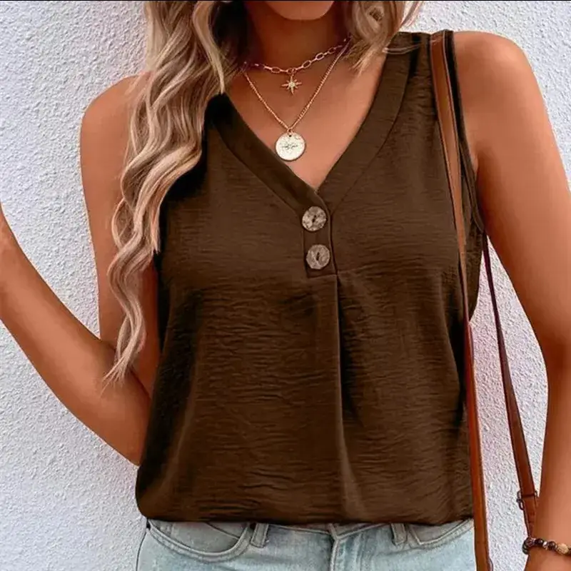 Women Black Button V-Neck Sleeveless Camisole Top - Image 3