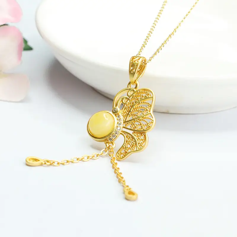 Gold Butterfly Necklace with Yellow Amber Pendant for Women