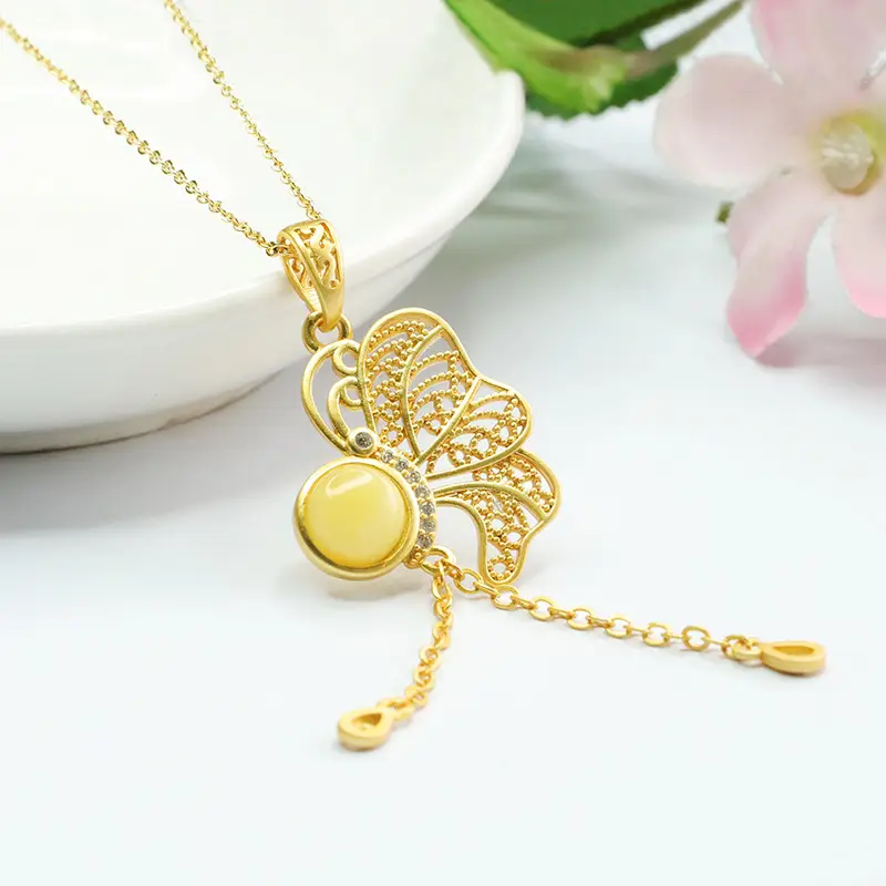 Gold Butterfly Necklace with Yellow Amber Pendant for Women