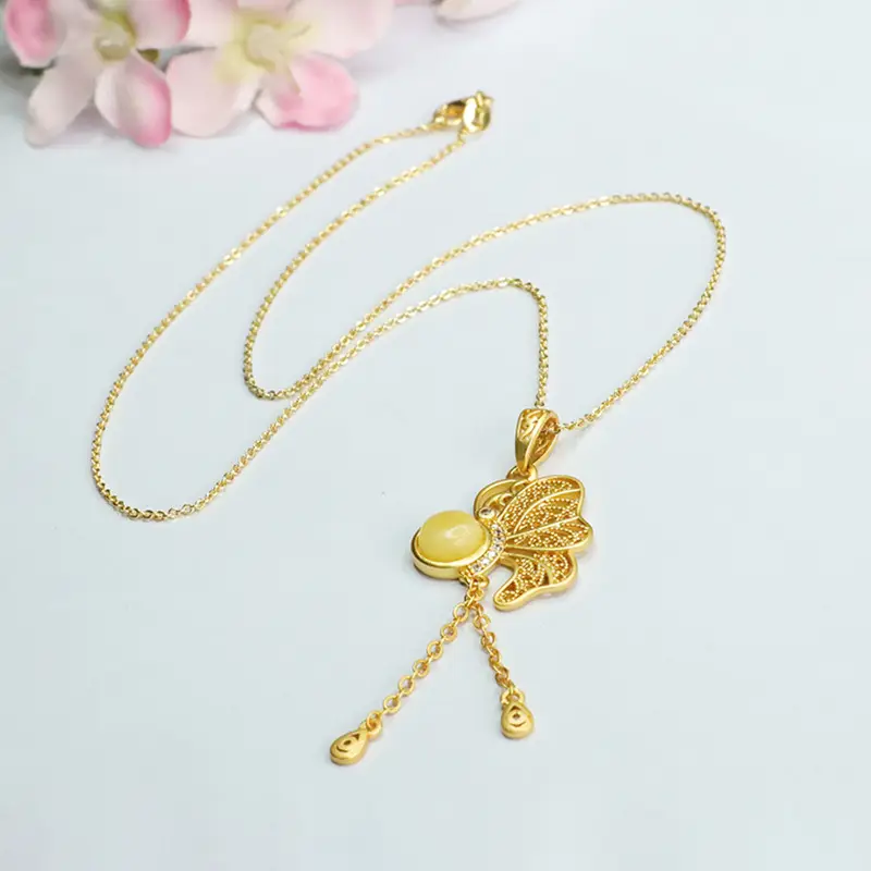 Gold Butterfly Necklace with Yellow Amber Pendant for Women