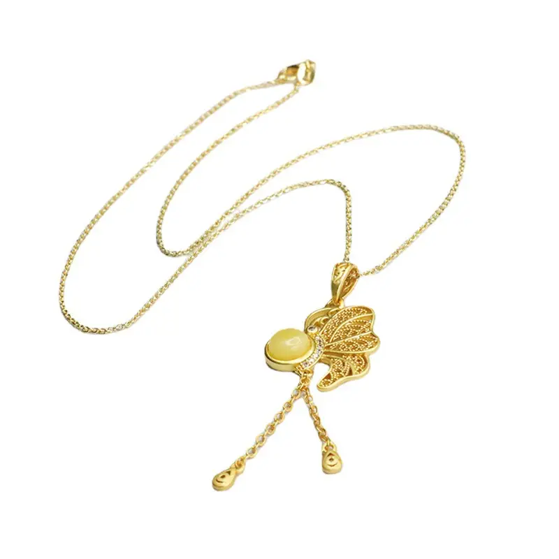 Gold Butterfly Necklace with Yellow Amber Pendant for Women
