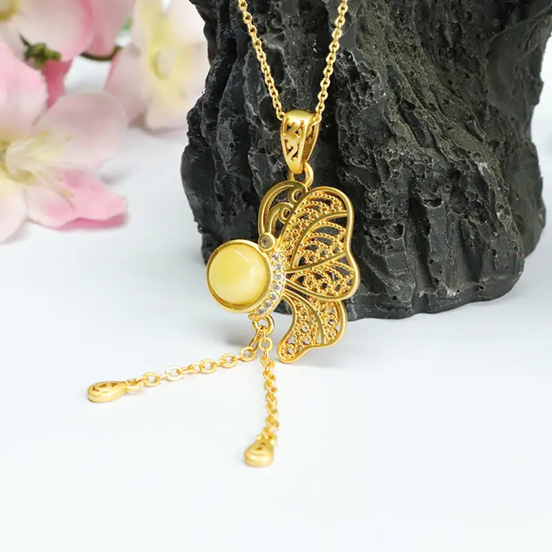 Gold Butterfly Necklace with Yellow Amber Pendant for Women — feature 10