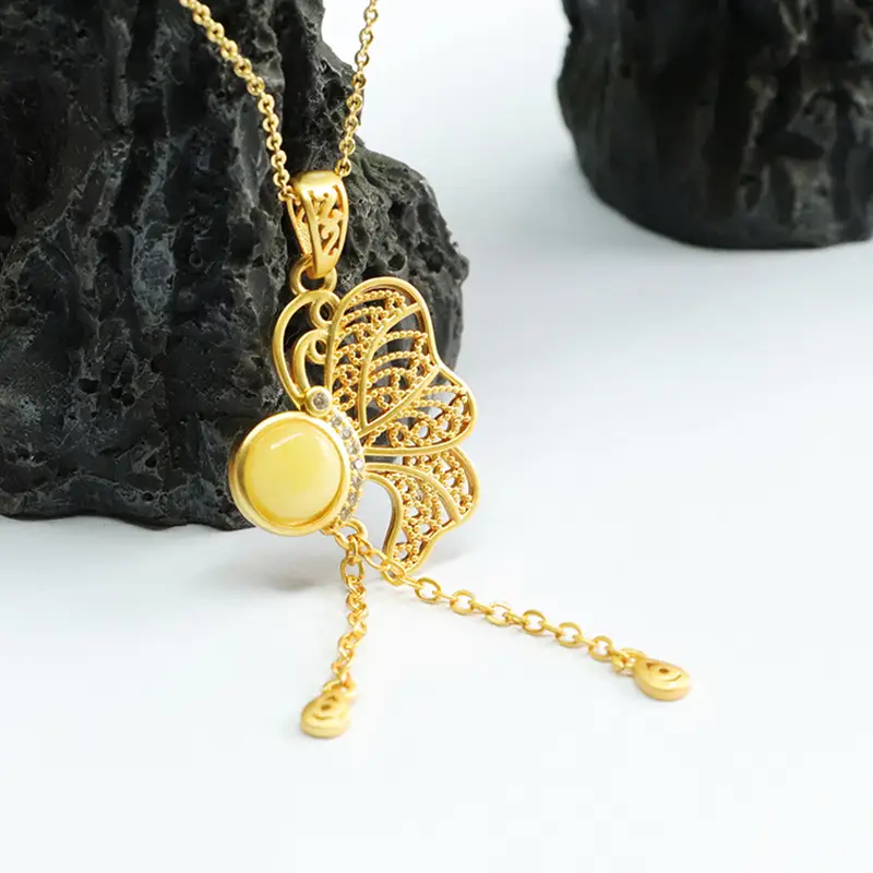 Gold Butterfly Necklace with Yellow Amber Pendant for Women — feature 11