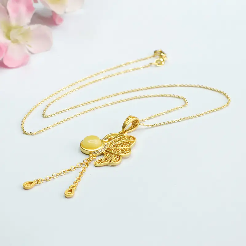 Gold Butterfly Necklace with Yellow Amber Pendant for Women — feature 7