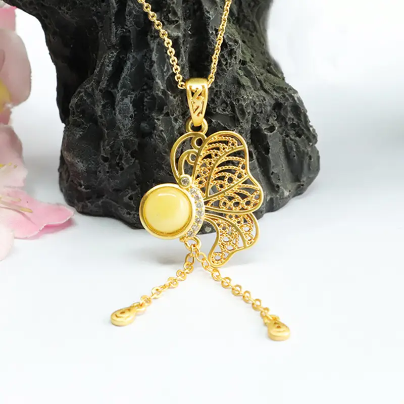Gold Butterfly Necklace with Yellow Amber Pendant for Women