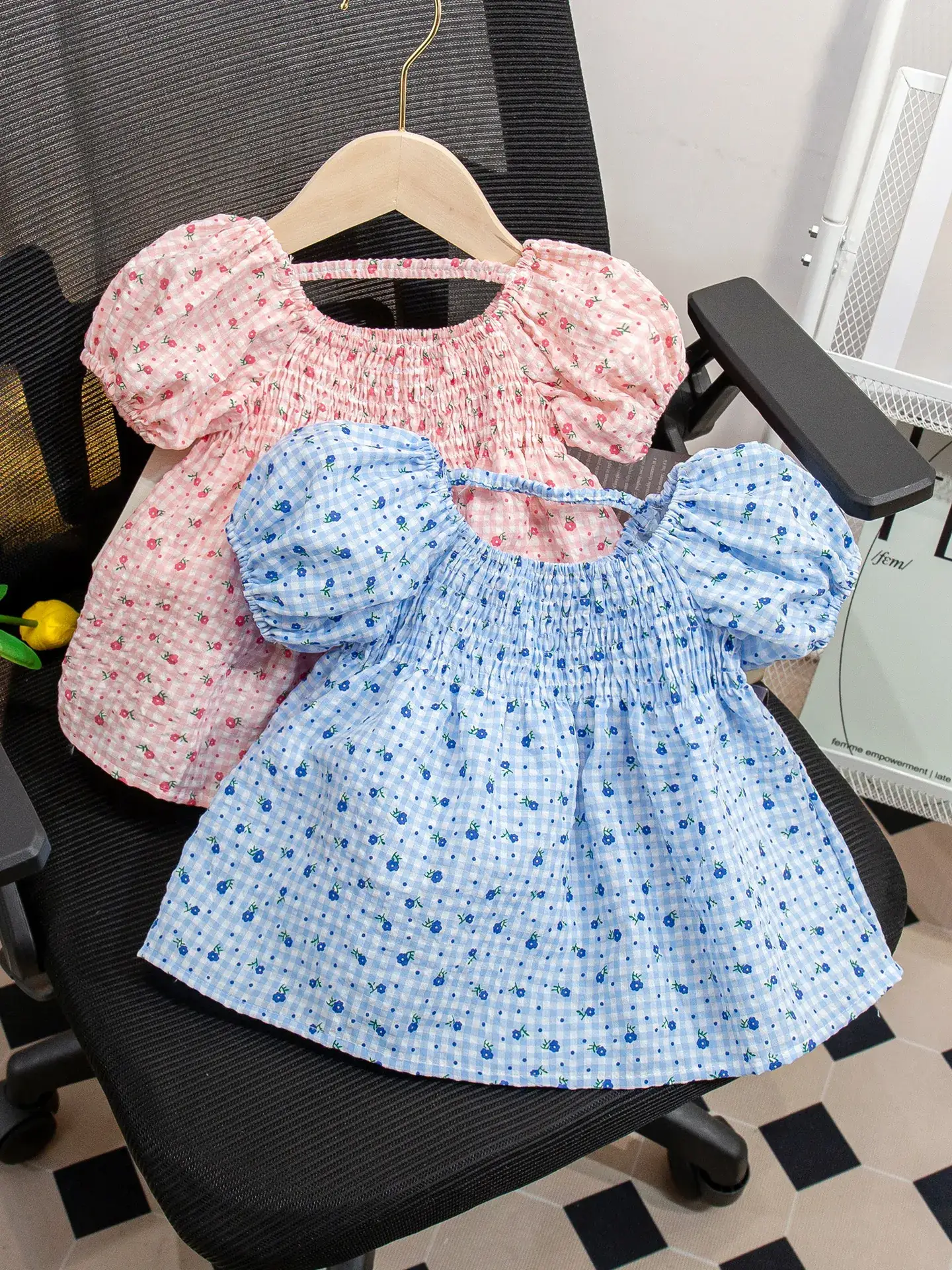 Girls Floral Puff Sleeve Shirt White Blue Green
