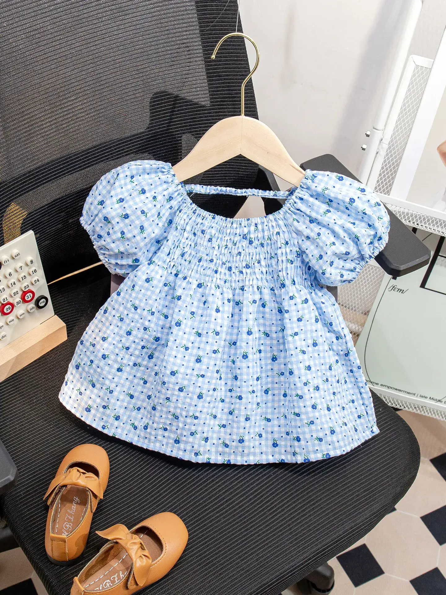 Girls Floral Puff Sleeve Shirt White Blue Green