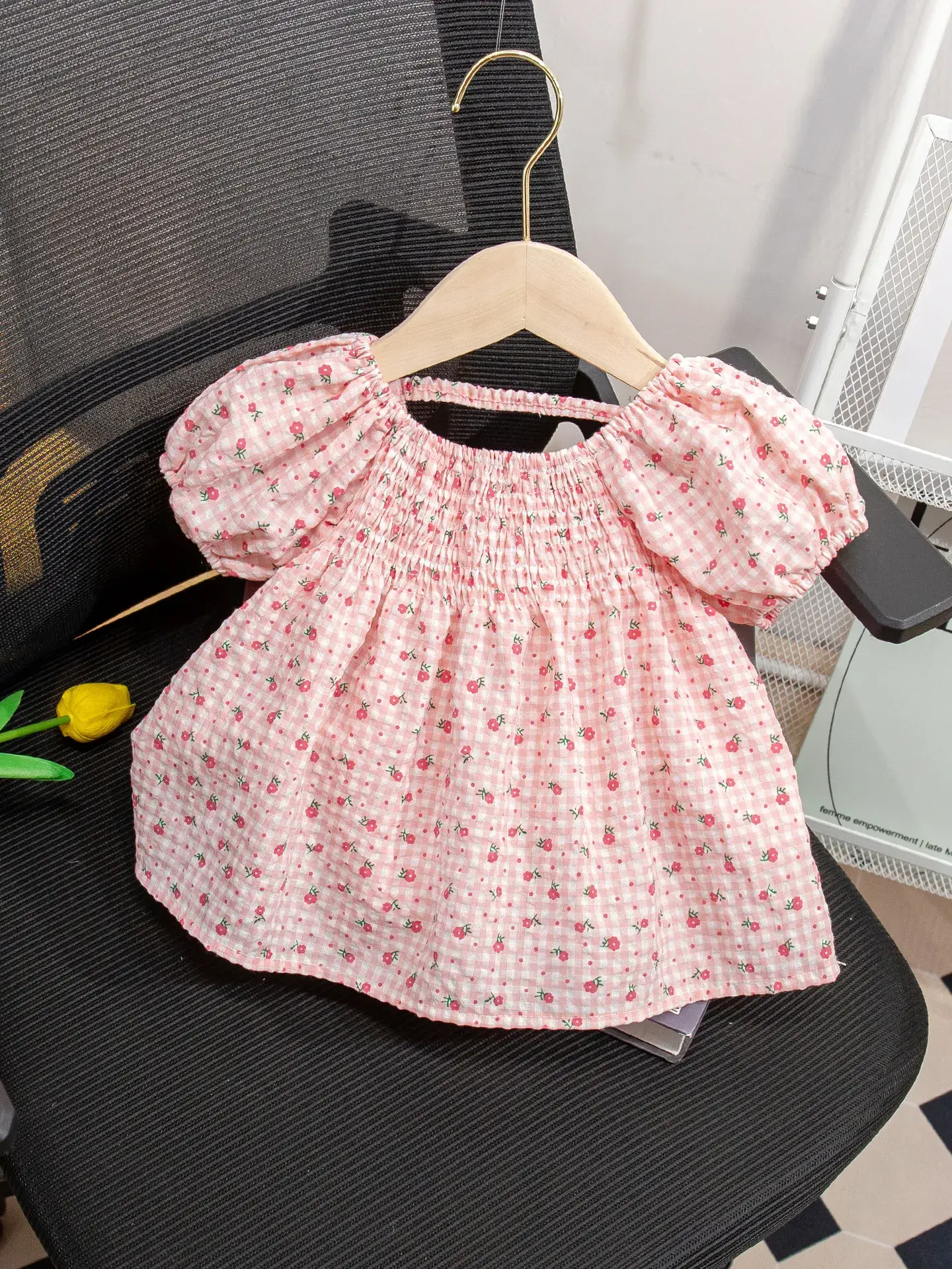 Girls Floral Puff Sleeve Shirt White Blue Green