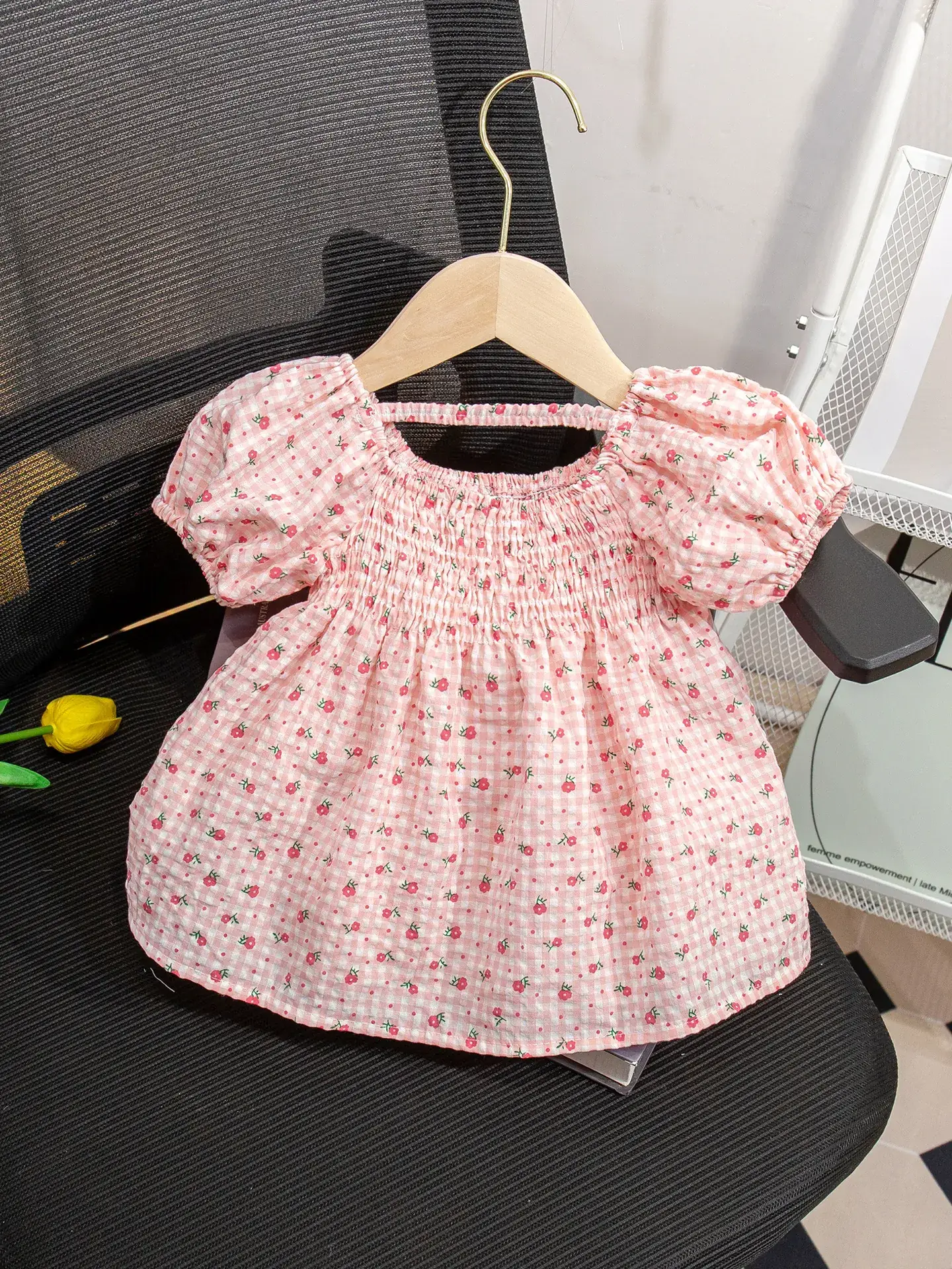 Girls Floral Puff Sleeve Shirt White Blue Green