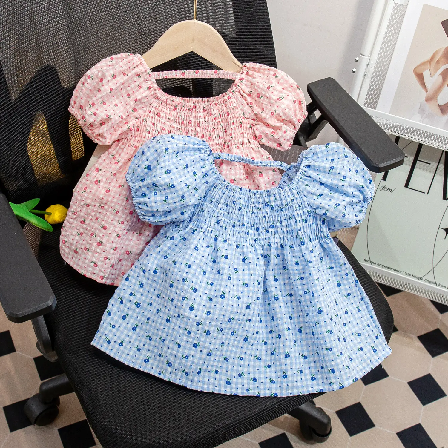 Girls Floral Puff Sleeve Shirt White Blue Green — feature 12