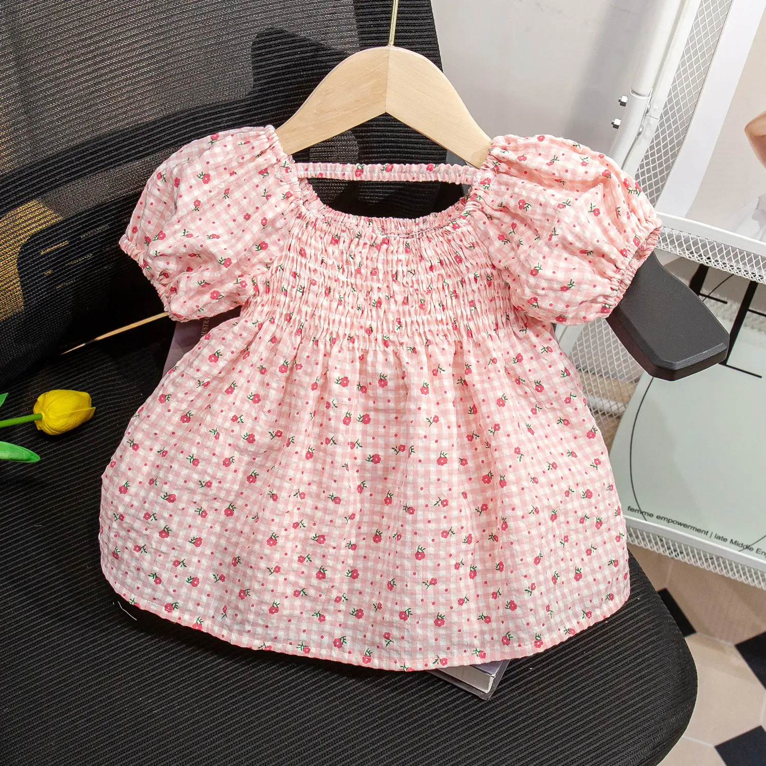 Girls Floral Puff Sleeve Shirt White Blue Green — feature 18