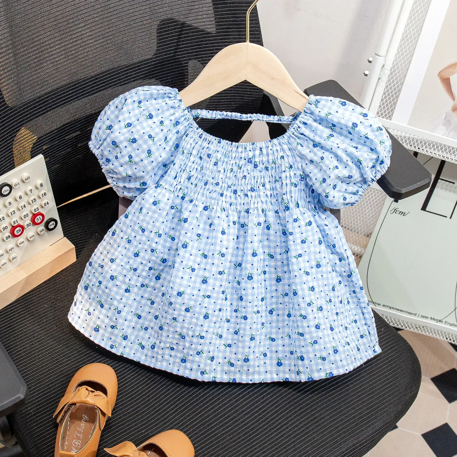 Girls Floral Puff Sleeve Shirt White Blue Green