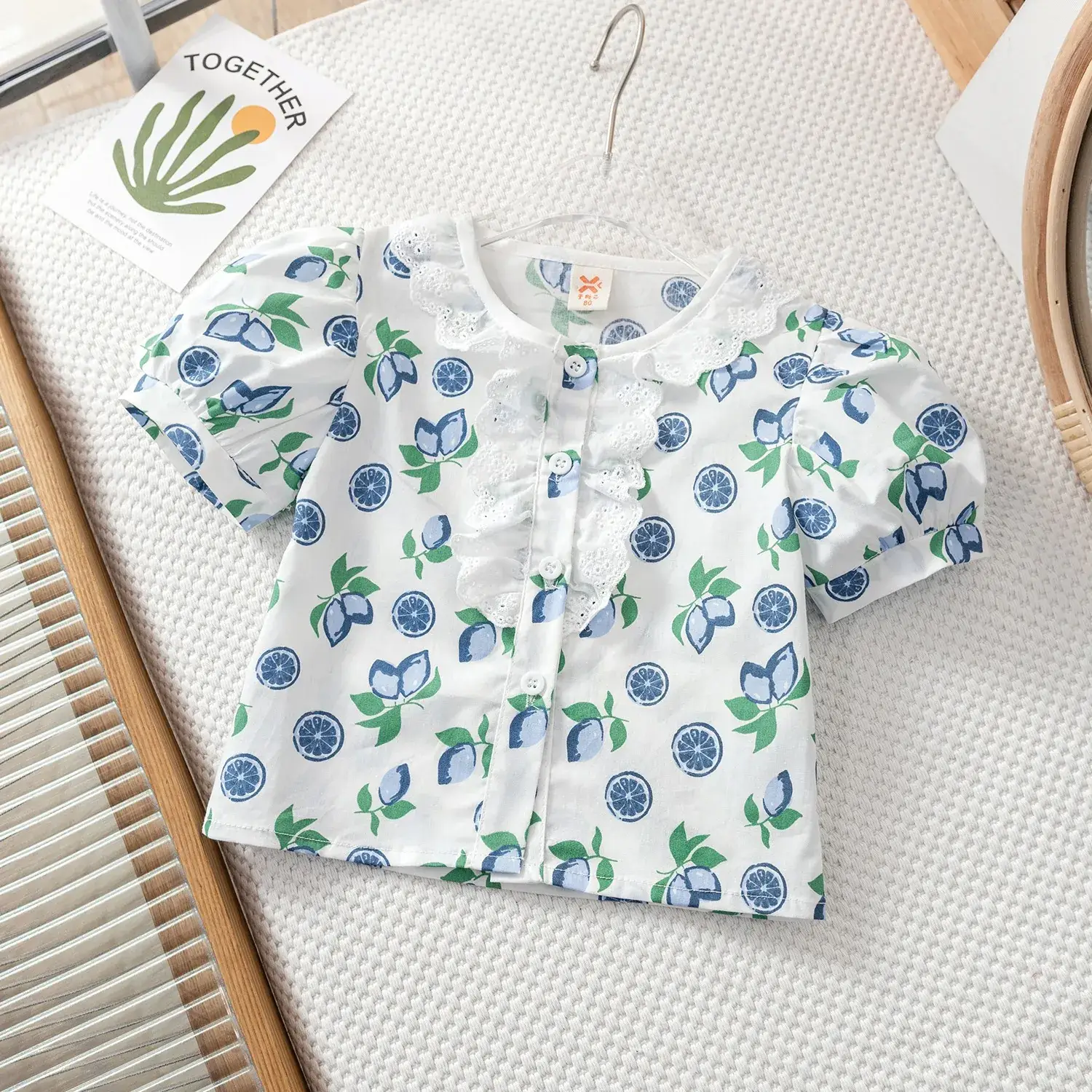 Girls Floral Puff Sleeve Shirt White Blue Green