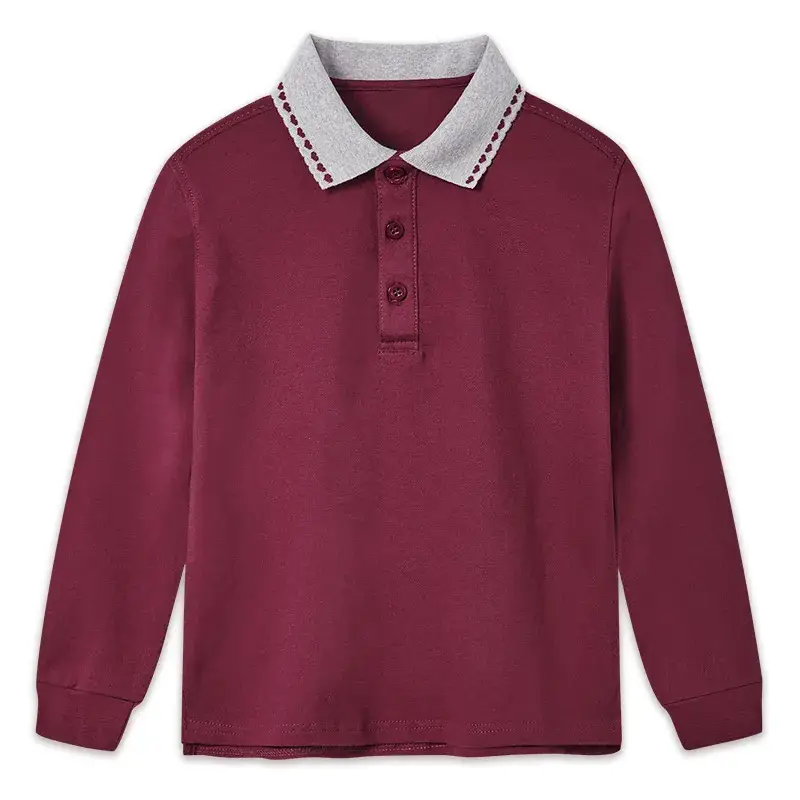 Spring Autumn Boys Girls Polo T-Shirt Maroon White Collar