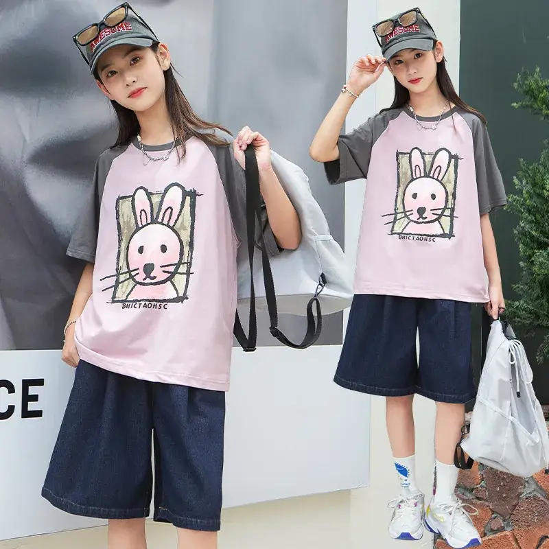 Girls Cotton Rabbit Print T-Shirt Pink Grey Medium to XL
