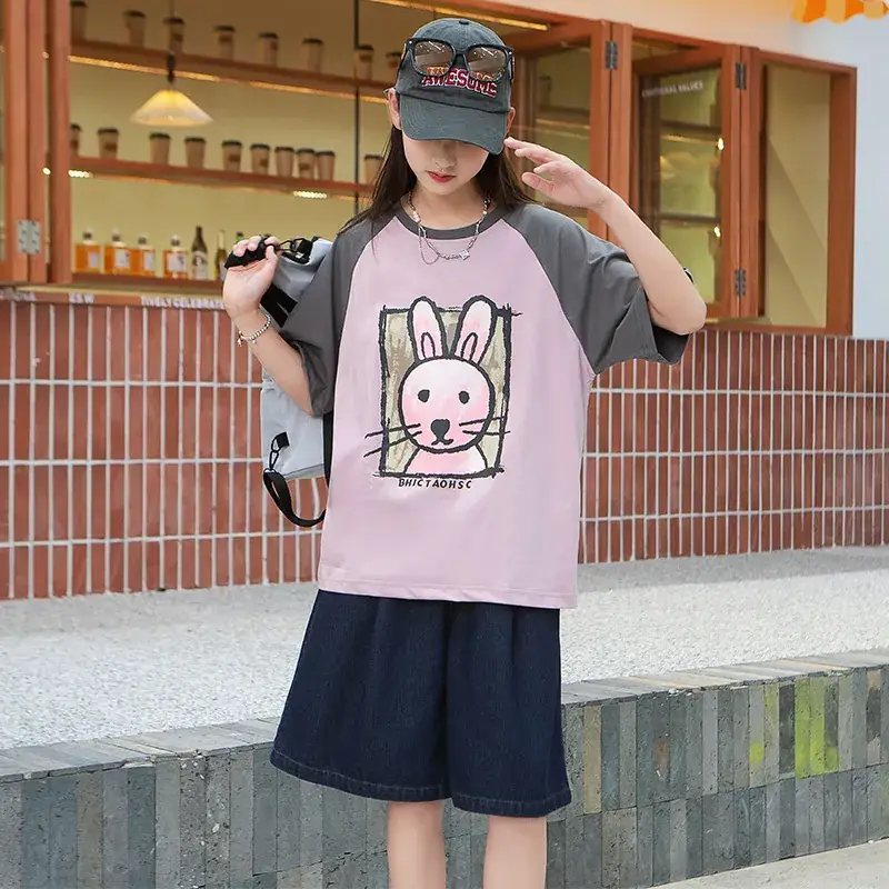 Girls Cotton Rabbit Print T-Shirt Pink Grey Medium to XL