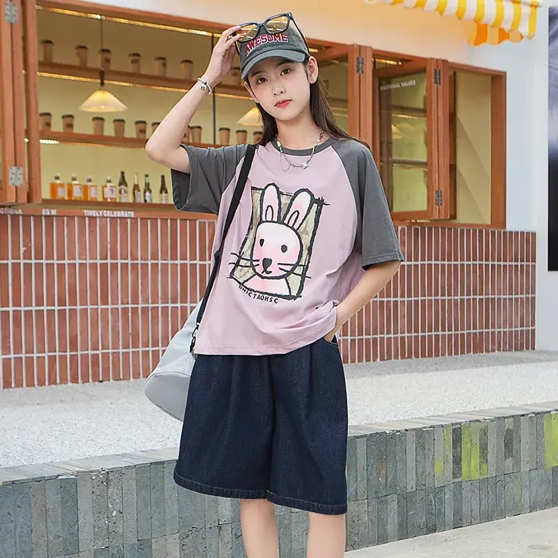 Girls Cotton Rabbit Print T-Shirt Pink Grey Medium to XL