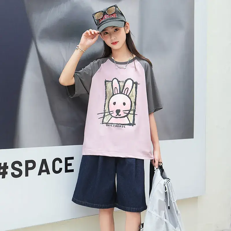 Girls Cotton Rabbit Print T-Shirt Pink Grey Medium to XL