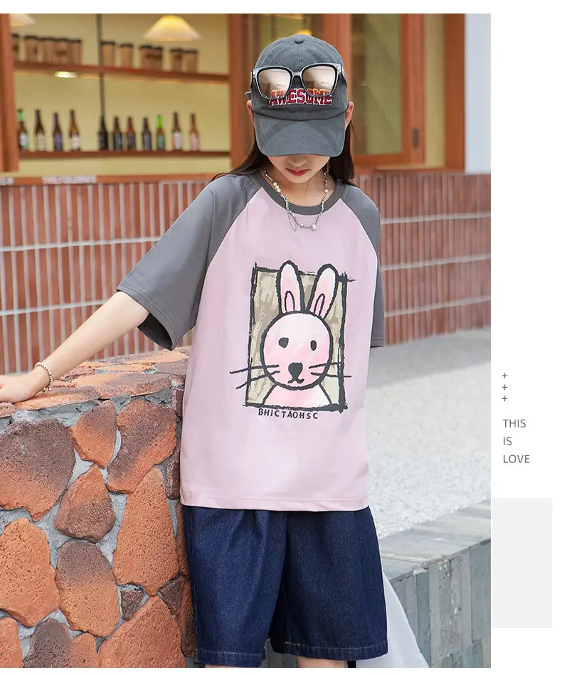 Girls Cotton Rabbit Print T-Shirt Pink Grey Medium to XL — feature 12