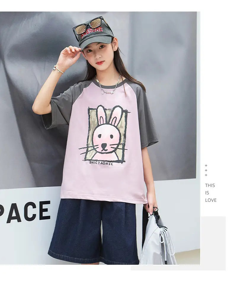 Girls Cotton Rabbit Print T-Shirt Pink Grey Medium to XL — feature 14