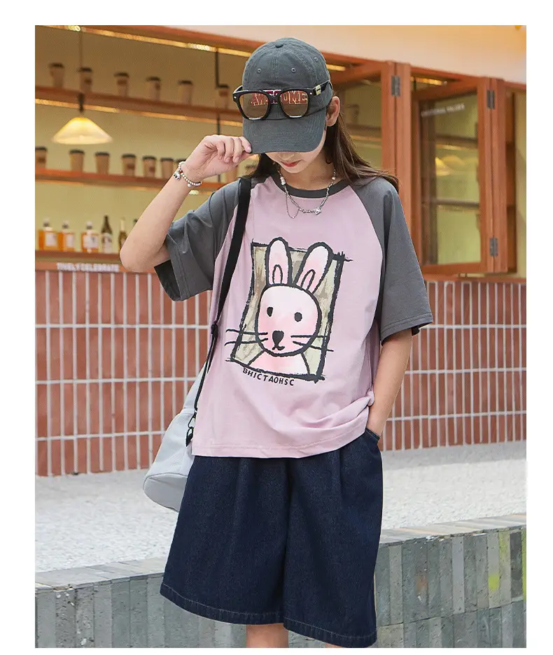 Girls Cotton Rabbit Print T-Shirt Pink Grey Medium to XL — feature 7