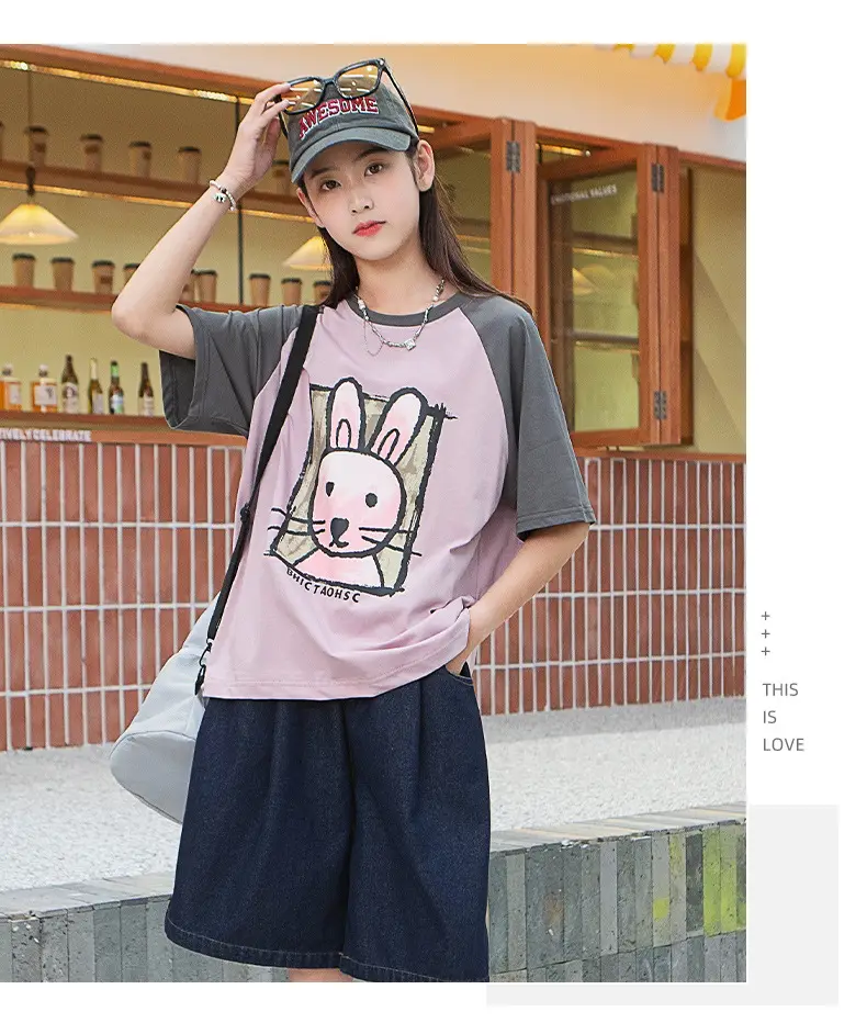 Girls Cotton Rabbit Print T-Shirt Pink Grey Medium to XL — feature 8