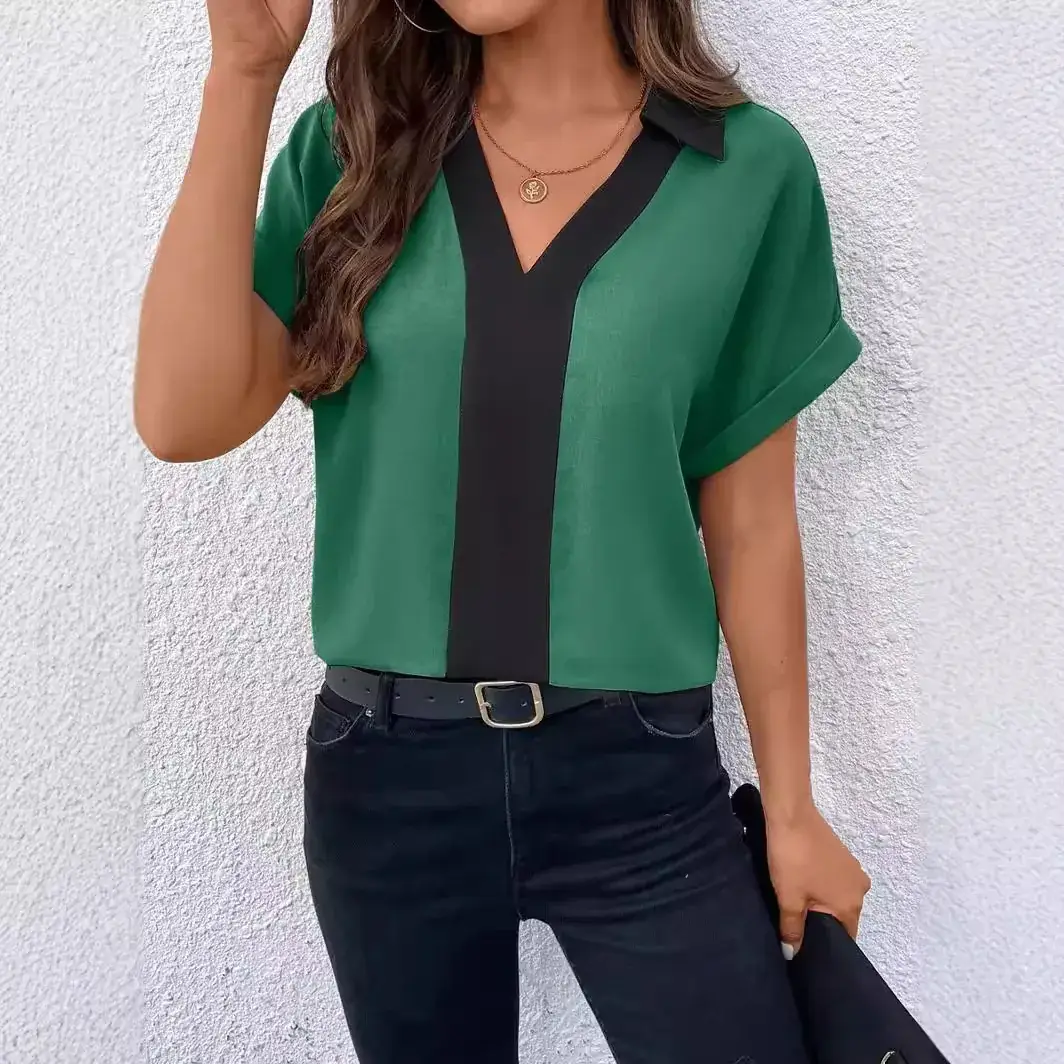 Women V-Neck Raglan Sleeve Shirt Orange Black Summer Top