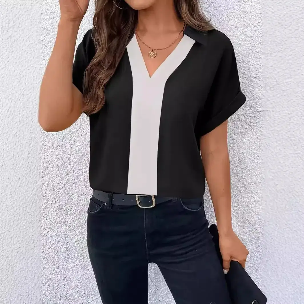 Women V-Neck Raglan Sleeve Shirt Orange Black Summer Top