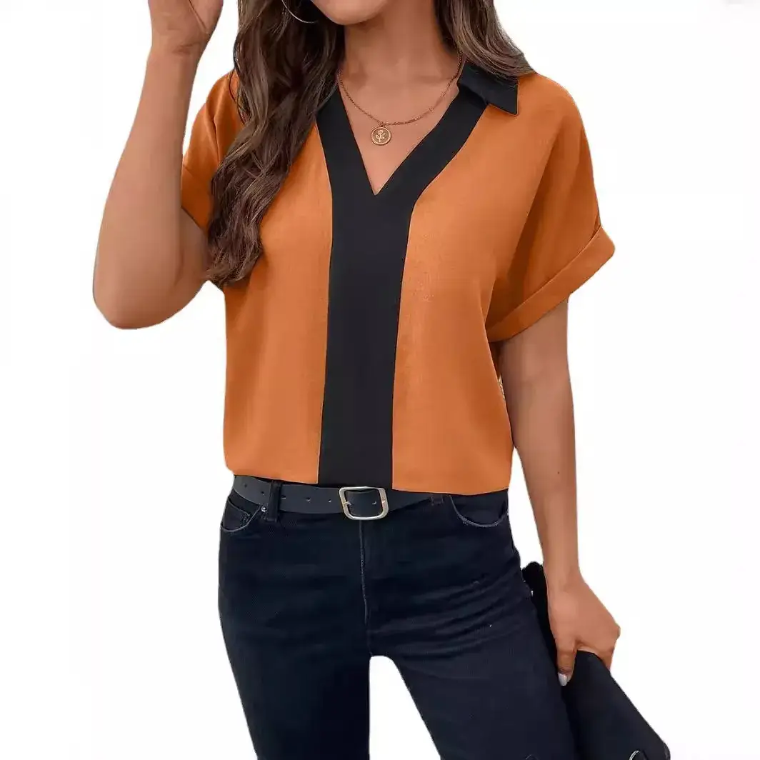Women V-Neck Raglan Sleeve Shirt Orange Black Summer Top
