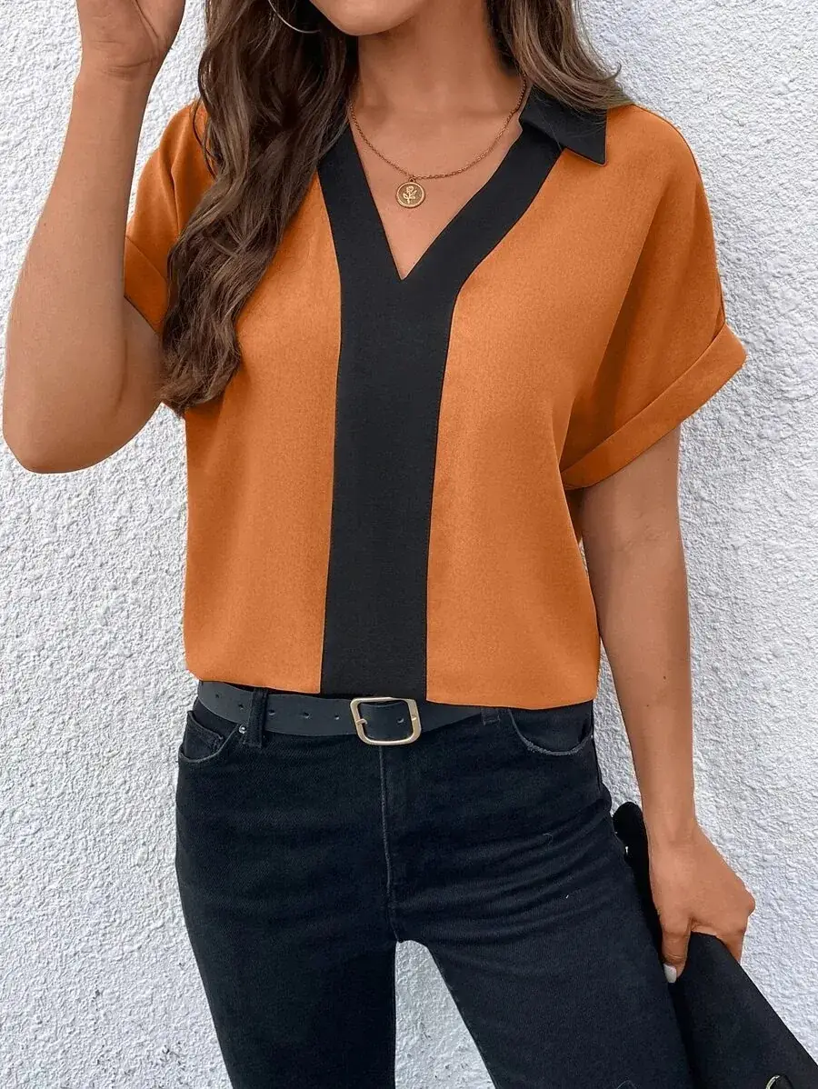 Women V-Neck Raglan Sleeve Shirt Orange Black Summer Top