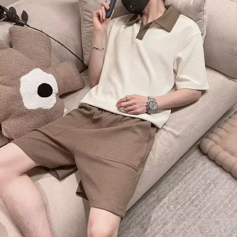 Men's 2025 Polo Shirt Suit Cream Brown Shorts - Image 3