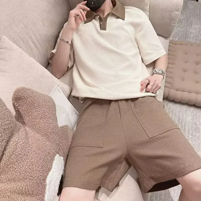 Men's 2025 Polo Shirt Suit Cream Brown Shorts - Image 4