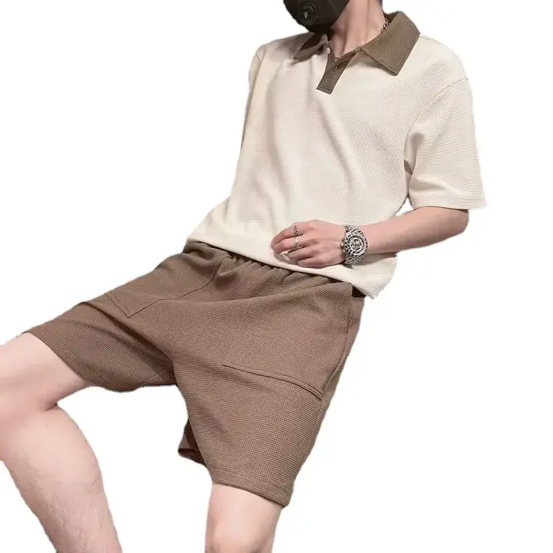 Men's 2025 Polo Shirt Suit Cream Brown Shorts - Image 5