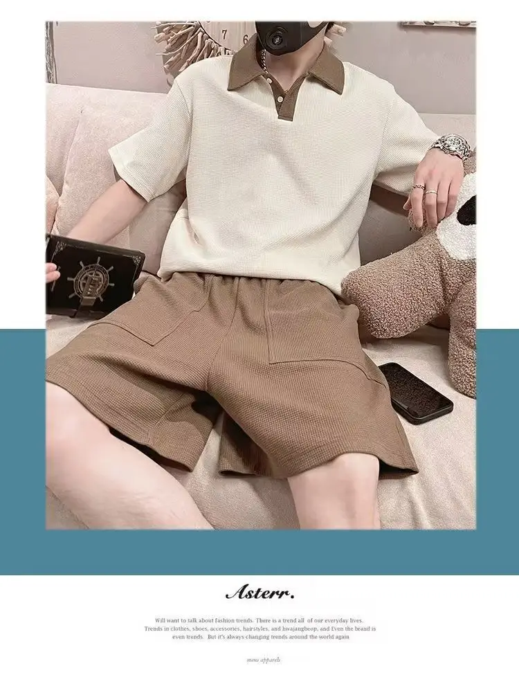 Men's 2025 Polo Shirt Suit Cream Brown Shorts — feature 11
