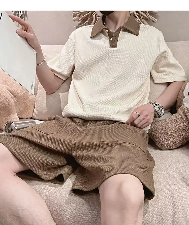 Men's 2025 Polo Shirt Suit Cream Brown Shorts — feature 2