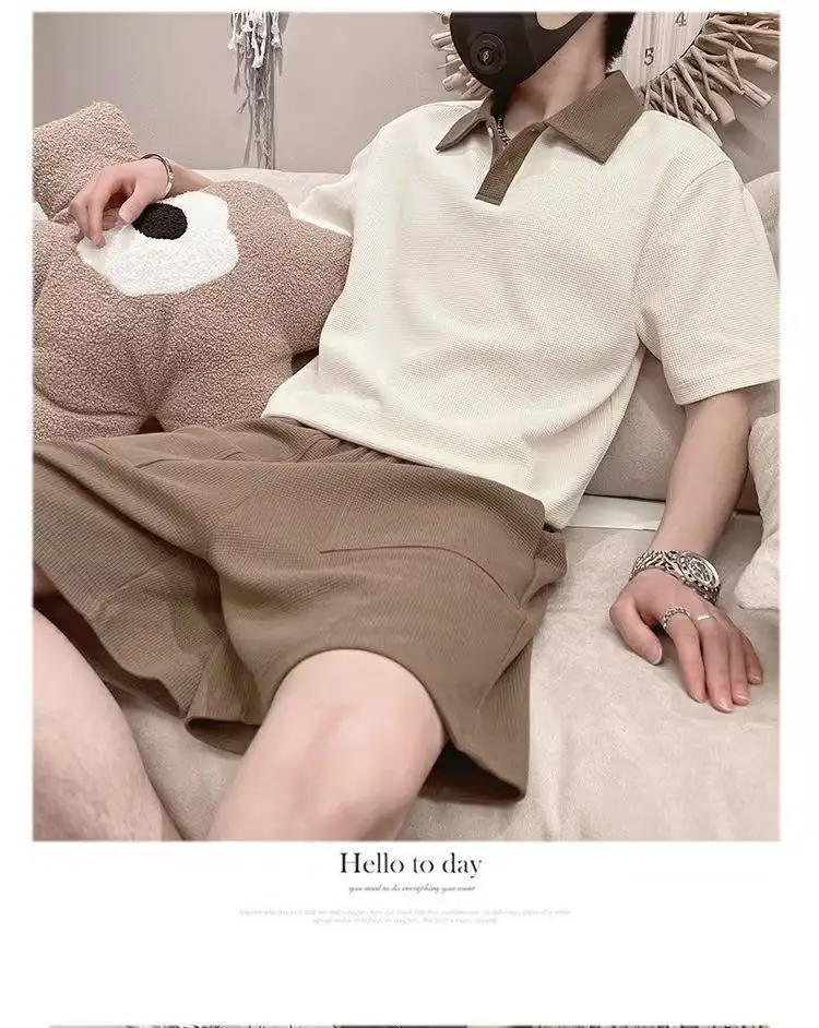 Men's 2025 Polo Shirt Suit Cream Brown Shorts — feature 3