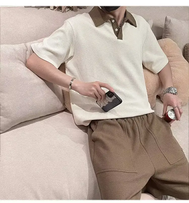 Men's 2025 Polo Shirt Suit Cream Brown Shorts — feature 5