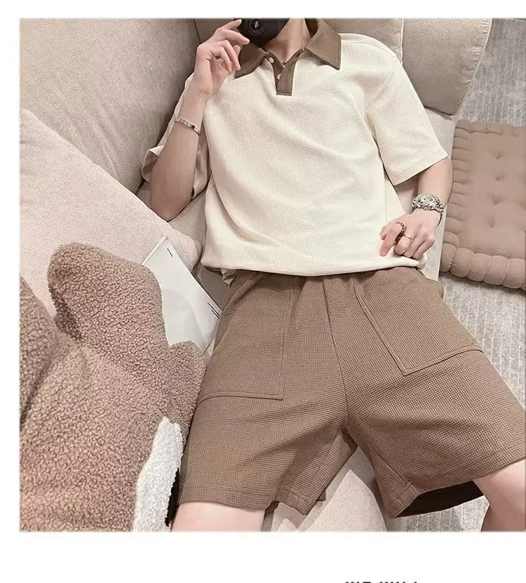 Men's 2025 Polo Shirt Suit Cream Brown Shorts — feature 6