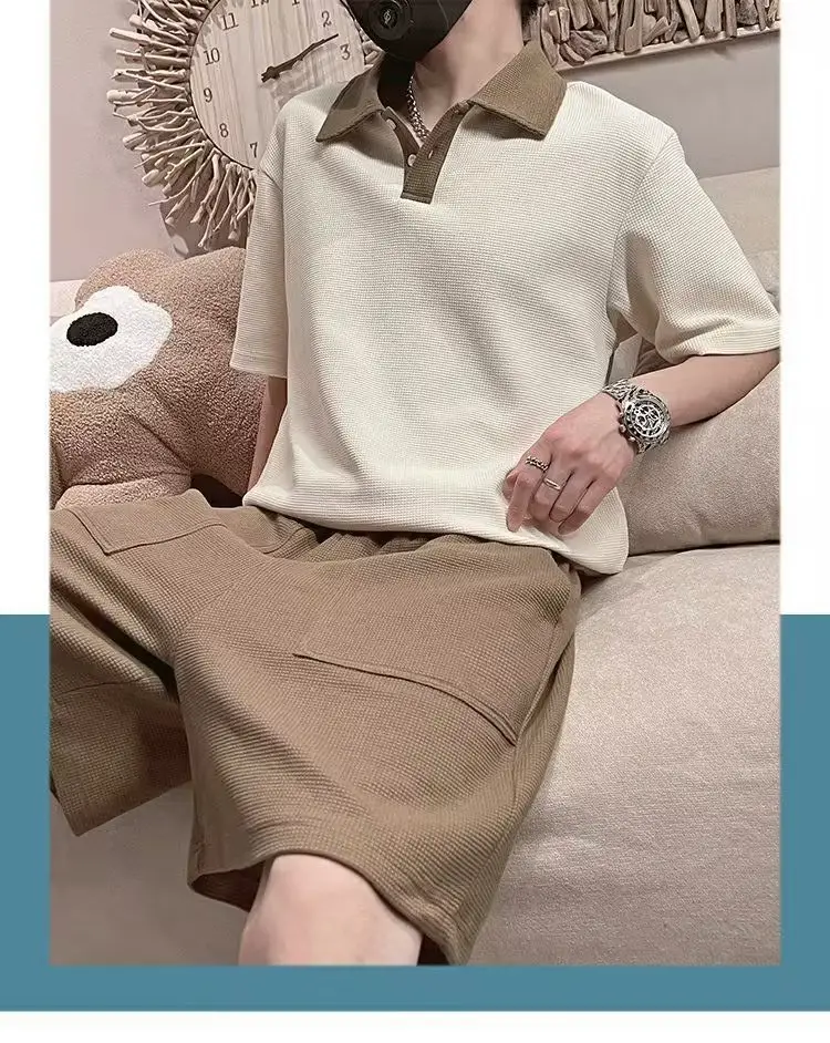 Men's 2025 Polo Shirt Suit Cream Brown Shorts — feature 7