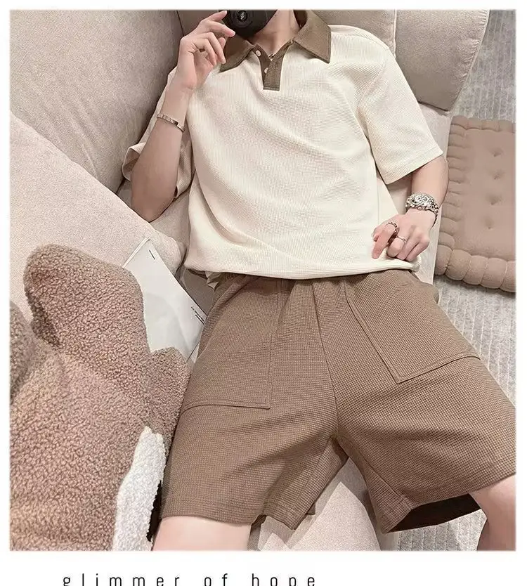 Men's 2025 Polo Shirt Suit Cream Brown Shorts — feature 9