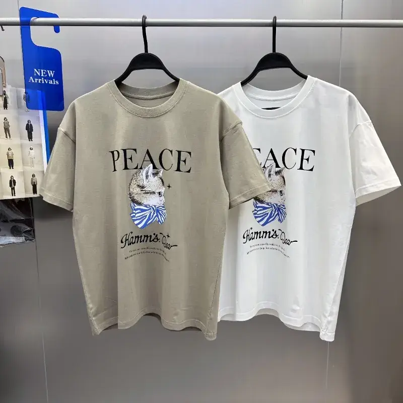 Men Peace Face Graphic T-Shirt Loose Fit White Gray - Image 3