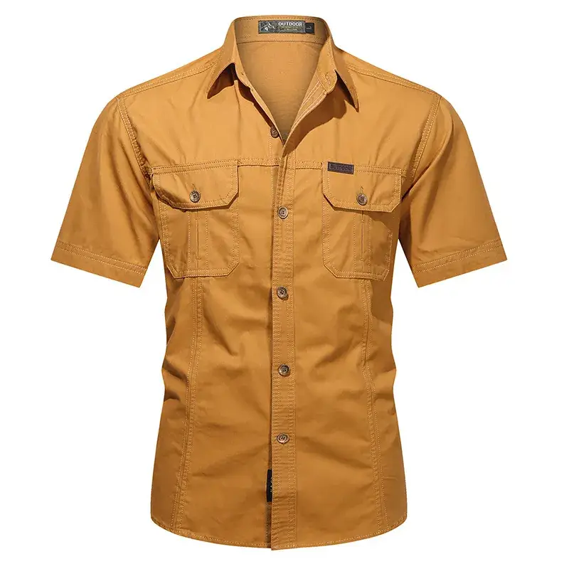 Men's Tan Button Short Sleeve Shirt Large — feature 12