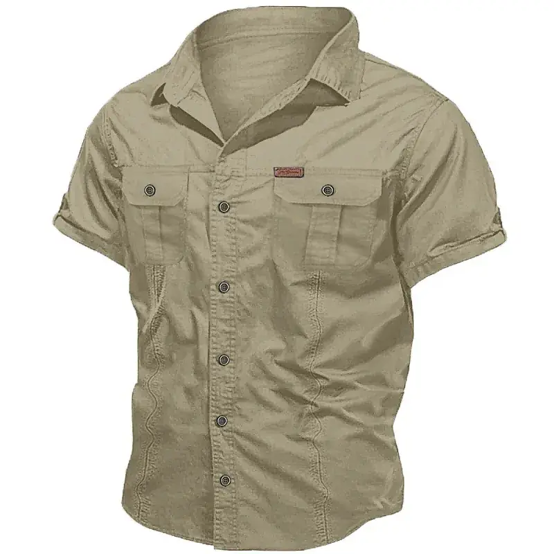 Men's Tan Button Short Sleeve Shirt Large — feature 9