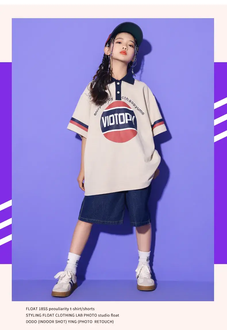 Girls Hip Hop Dance Suit Cotton Polo Shorts Set — feature 10