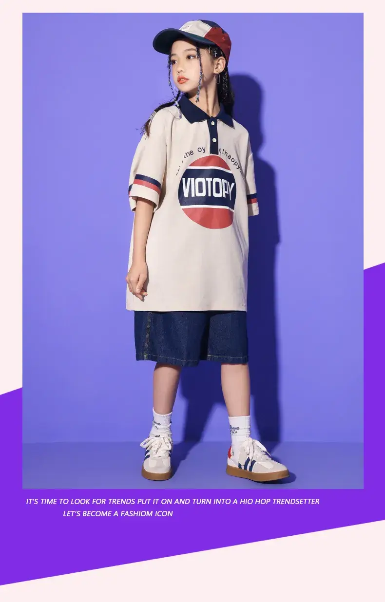 Girls Hip Hop Dance Suit Cotton Polo Shorts Set — feature 13
