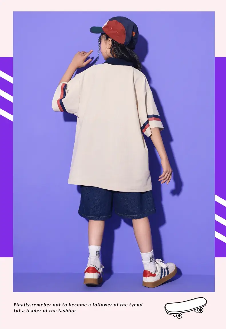 Girls Hip Hop Dance Suit Cotton Polo Shorts Set — feature 14