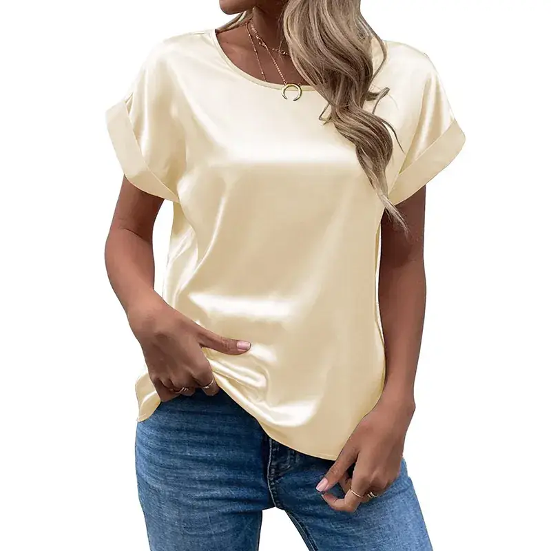 Women Satin T-Shirt White Round Neck Short Sleeve - Image 15