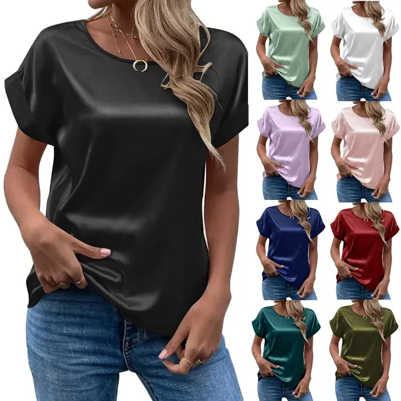 Women Satin T-Shirt White Round Neck Short Sleeve - Image 16