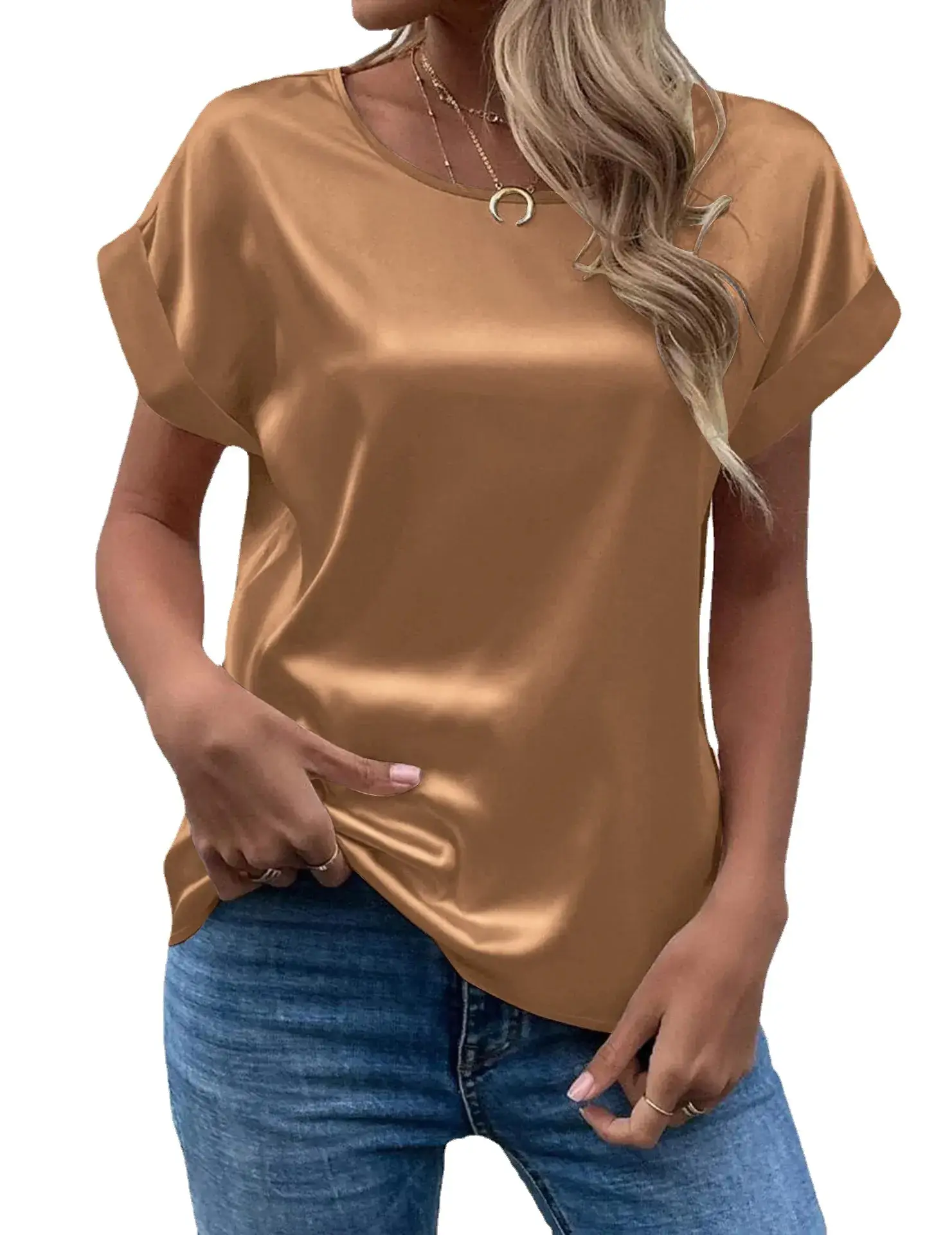 Women Satin T-Shirt White Round Neck Short Sleeve - Image 19