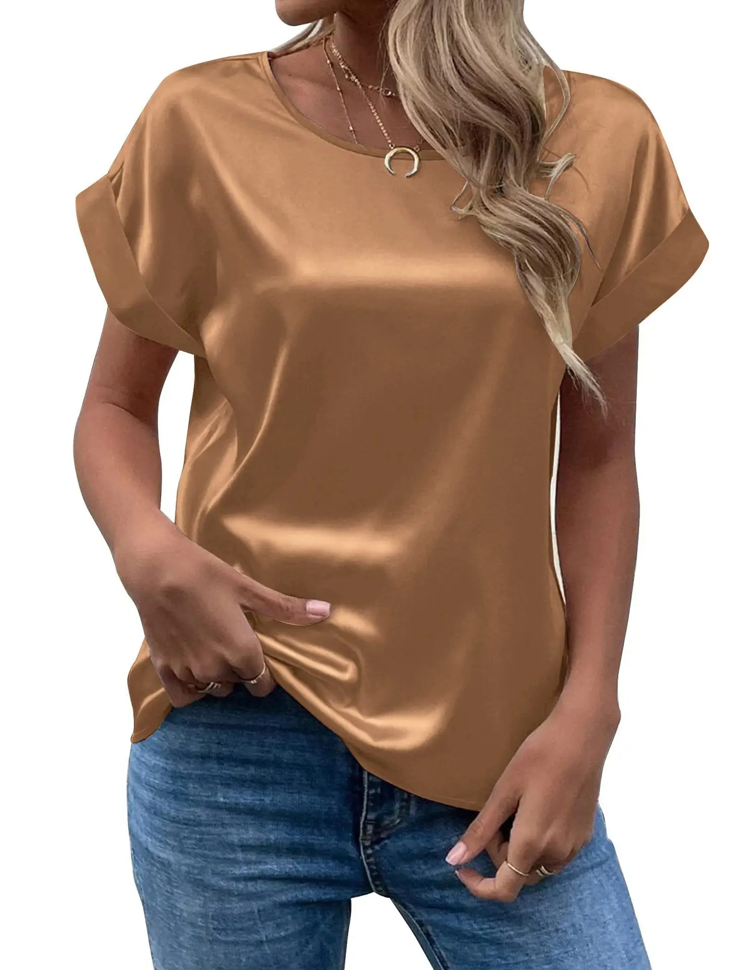 Women Satin T-Shirt White Round Neck Short Sleeve — feature 13